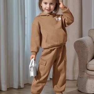 TEMU 여름/가을 여아용 캐주얼 브라운 후드 스웨트셔츠 + 브라운 바지 투피스 세트, 야외 활동용