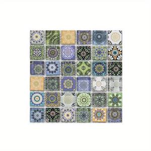 TEMU 9.7온스 만달라 유리 타일 - 총 36개 DIY 수제 조각, 3D 사각형 조각, 분리 가능한 장식품, 주방 및 화장대와 문틀에 적합, 3D 릴리에프 꽃 디자인 포함, DIY 수제 재료