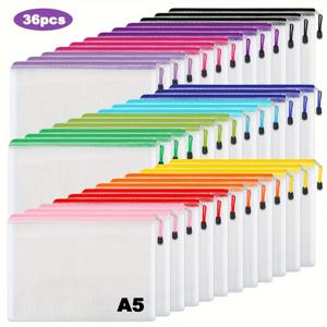 TEMU 36팩 A5 PVC 지퍼 보관 가방 - 가정, 학교 및 여행 정리용 다목적 메쉬 파우치 12가지 생생한 색상, 투명 그리드 디자인, 내구성 있는 지퍼 클로저