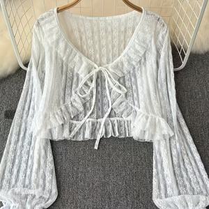 TEMU 여성용 레이스 가디건 여름 탑, 스트랩 디자인, 타이백 숄, 에어컨용 짧은 셔츠, 얇은 아우터웨어