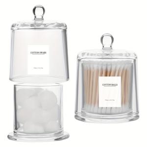 TEMU 2개 세트 투명 유리 큐팁 홀더 병 뚜껑 포함 - 욕실 액세서리, 메이크업 스펀지, 사탕, 보석류 정리용 두꺼운 아포테카리 용기
