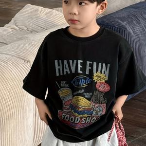 TEMU 아동용 한국 스타일 루즈핏 반팔 티셔츠, 남녀공용 활용도 높은 상의, 여름용 한국어 버전, 중형에서 대형 유아용, 드롭 숄더 디자인, 트렌디함