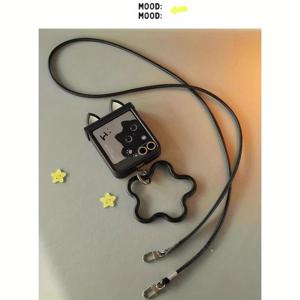 TEMU 휴대폰 케이스 - 힌지 오비디언 블랙 입체 귀여운 고양이 귀 + 손잡이 링 + 크로스바디 가죽 로프, 삼성 갤럭시 Z 플립 7 갤럭시 Z 플립 6 갤럭시 Z 플립 5 갤럭시 Z 플립 4 갤럭시 Z 플립 3용