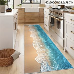 TEMU 1개 해변 파도 러너 매트 - 생동감 있는 바다 일몰 디자인, 부드러운 폴리에스터, 세탁기 사용 가능, 실내/외부 홈 데코, 주방, 거실 또는 복도에 완벽, 해변 테마 장식