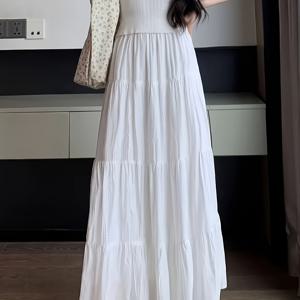 TEMU 웨이스트밴드가 있는 스타일리시한 화이트 프랑스 롱 스커트, A라인 디자인과 투명성을 방지하는 안감이 특징입니다. 여성에게 완벽합니다.
