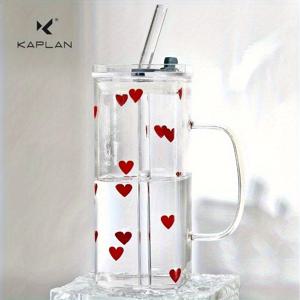 TEMU KAPLAN 여성용 심플 인스타 스타일 유리컵 1개, 손잡이와 빨대가 있는 고온 내성 물컵, 하트와 리본 프린트 우유컵, 추수감사절, 할로윈, 크리스마스용