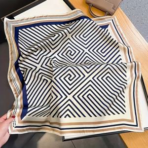 TEMU 1pc 우아한 기하학적 패턴 실크 사각 스카프 70cm - 여성용 부드럽고 가벼운 다용도 목 및 머리 액세서리, 해군 파랑 및 베이지 디자인, 캐주얼한 옷에 완벽