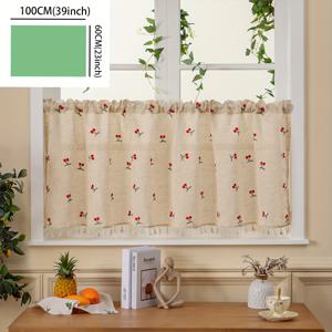 TEMU 레드 체리 리넨 소형 커피 커튼 1개, 술 장식 레이스가 달린 신선한 커튼