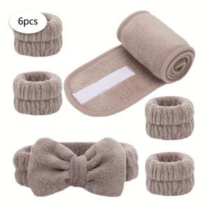 TEMU 스냅 클로저와 리본 헤어 타이가 포함된 6피스 헤어 타이 세트: 스냅 클로저 헤어 타이 1개, 리본 헤어 타이 1개, 손목밴드 4개. 세안, 얼굴 클렌징, 메이크업 적용, 메이크업 제거 및 여행에 적합. 모든 피부 타입에 적합