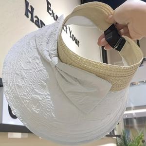 TEMU 여성용 넓은 모양의 꽃무늬 리본이 달린 선글라스 모자 - 가벼우며 통기성이 좋은 야외 비저, 해변 및 수영장용, 검정색과 베이지 트림, 접이식 디자인, 해변 모자