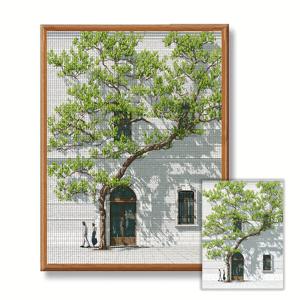 TEMU JOZYSH 1pc 프레임리스 30X40cm/11.8X15.7인치 11CT/14CT 프린트 크로스 스티치 DIY 키트, 녹색 나무, 휴식 DIY 크로스 스티치 자수 세트, 성인 초보자용, 프린트 캔버스, 침침, 실, 패턴 및 지침 포함. 친구에게 선물, 수제 아트 벽 집 사무실 장식