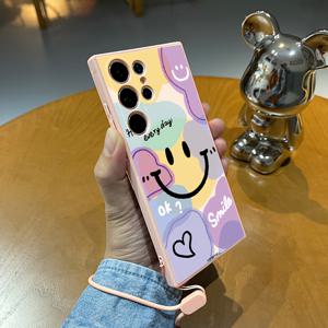 TEMU 행복한 미소 패턴 핑크 폰 케이스 - 갤럭시 A25+/A24/A23/울트라/S23 플러스/S22+/S21 FE/NOTE20 울트라/10플러스용 TPU 손잡이 스트랩