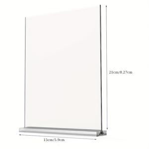 TEMU T자형 아크릴 디스플레이 스탠드 | 세로 및 가로로 양쪽 사용 가능 | 세 가지 고정 치수 (21.08X29.72Cm, 21.08X14.99Cm, 12.7X17.78Cm)로 제공 | 사진, 명함 및 소매 제품에 투명하게 사용 가능