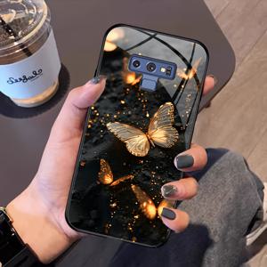 TEMU 휴대폰 케이스 - 삼성 노트 9용 튼튼한 하드 케이스, 강화 유리 필름으로 충격 방지 기능 제공, 생생한 금색 나비 프린트