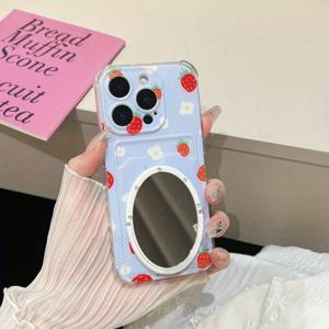 TEMU 신선한 꽃무늬 패턴 카드 홀더와 메이크업 미러 폰 케이스, 충격 방지 및 떨어짐 방지, for Iphone 16, 16 Pro, 16 Pro Max, 15 Pro, 15 Pro Max, 14, 14 Pro Max, 13, 12, 11, XS Max, XR에 적합, 완벽하고 동전 카드