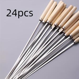 TEMU 고기 그릴용 나무 손잡이 스테인리스 스틸 꼬치