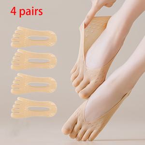 TEMU 4켤레 단색 고탄력 통기성 여름용 5중 발바닥 양말 (섬유 재질), 손세탁 및 세탁기 사용 가능, 편안한 착용감. 여성용 캐주얼 양말, 실리콘 미끄럼 방지 기능이 있는 투명 하이힐 양말