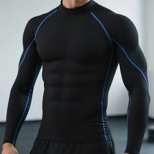 TEMU 남성용 속건성 스트레치 피트니스 셔츠 – 하이넥 긴팔 스포츠 탑, 스키니 핏, 흡습성 기능성 짐 의류, 단색, 탄성 원단, 사계절 훈련용 티셔츠 (일상복 및 운동용), 스포티 스타일
