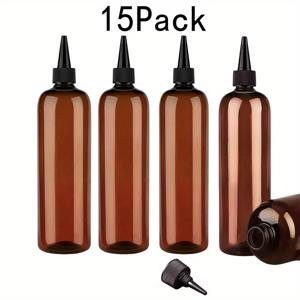TEMU 트위스트형 뚜껑이 달린 빈 스퀴즈 병 15개 세트. 헤어 오일, 샴푸, 로션과 같은 액체를 쉽게 채우기 위해 사용할 수 있는 깔때기 포함. 앰버색 플라스틱 용기이며, 헤어 오일, 샴푸, 로션과 같은 액체에 적합합니다.