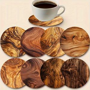 TEMU 8개 세트 우아한 나무 컵받침 - 내열성 및 미끄럼 방지, 직경 3.94인치, 컵 및 음료용 - 크리스마스 및 추수감사절 선물용 | 나뭇결 디자인의 필수 커피 테이블 장식