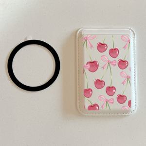 TEMU 1개 핑크 체리 프린트 자석 PU 가죽 지갑 - 아이폰 16/15/14/12용 강력한 자석 카드 홀더 (카드 2장 수납 가능) + 무료 메탈 링 어댑터 포함, 삼성/구글/모토 기기 호환