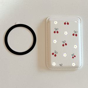 TEMU 아이폰 16, 15, 14, 13, 12 모델용 체리와 디자인 마그네틱 인조 가죽 지갑 1개 - 2개의 카드를 수납할 수 있는 튼튼한 마그네틱 인조 가죽 카드 홀더 (무료 메탈 링 어댑터 포함)