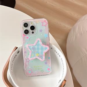 TEMU 아이폰 11 12 13 프로맥스용 투명 화이트 라이트 핑크 엣지 컬러 그리드 별 모양 휴대폰 케이스와 흔들리는 악보대