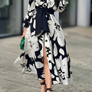 TEMU A라인 긴팔 버튼업 대비 플로럴 프린트 타이웨이스트 라펠 미디 드레스