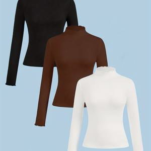 TEMU 3개 세트: 여성용 러플 하이넥 긴소매 베이스 레이어, 신축성 있는 핏의 활용도 높은 이너 탑, 블랙, 브라운, 화이트