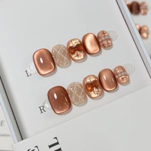 TEMU 10개 핸드페인팅 - 모양 리본 브라운 캣아이 프레스온 네일, 가을 겨울 데일리용 부드럽고 우아한 숏 스퀘어 인조네일, 여성 선물용