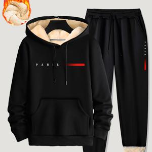 TEMU 남성용 파리 프린트 플리스 안감 2피스 조깅 슈트 세트 - 겨울용 따뜻한 후드티 & 캥거루 포켓 스웨트팬츠, 레터 P 패턴 매칭 아웃핏, 세탁기 사용 가능한 추운 날씨용 트랙수트