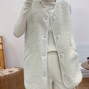 TEMU 가을/겨울 여성 패션 캐주얼 다용도 단색 롱 플러시 조끼 따뜻한 코트