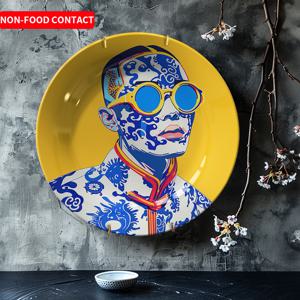 TEMU 1개 모던 세라믹 장식 접시 - 생기 넘치는 노랑 & 파랑 아트 플레이트, 라운드 비식용 장식용 접시, 거실용 현대적 예술품, 홈 데코, 파티, 식탁용 - 세련된 세라믹 접시, 비식용