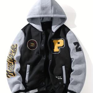 TEMU 남성용 신상 가을/겨울 레터 자수 스트리트 패션 스포츠 후드 야구 재킷