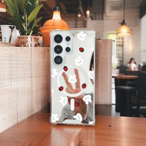 TEMU 휴대폰 케이스 - 낙하 방지 마그네틱 2-In-1 메이크업 거울 휴대폰 케이스, 삼성 갤럭시 S23/S24/S25 울트라 플러스에 적합, 딸기 토끼 디자인. 변색 방지 보호 케이스, 남아를 위한 선물로 완벽