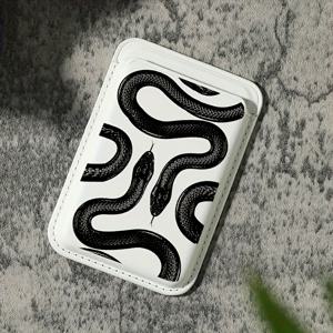 TEMU 아이폰 16, 15, 14, 13, 12 Pro Max 호환 2D 블랙 스네이크 패턴 인조 가죽 마그네틱 카드 홀더. 인조 가죽 지갑 액세서리, 카드 1-2장 보관 가능, 내장 보안 포켓 기능