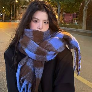 TEMU 가을, 겨울용 두꺼운 따뜻한 흑백 체크 스카프 - 남녀 공용 빈티지 겨울 스카프, 부드럽고 따뜻하며 프린지 엣지가 특징이며 야외 활동, 캐주얼 외출에 적합