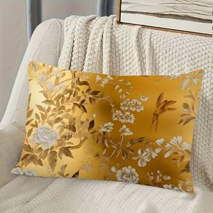 TEMU 1개 양면 프린트 베개 커버, 금색 배경에 꽃 가지와 작은 새가 특징이며, 가정 침실, 거실 소파, 복도, 사무실, 코티지, 호텔 및 파티 장식에 적합 (베개 속통 미포함)
