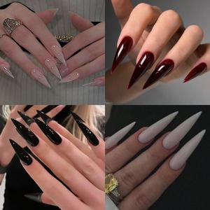 TEMU 블랙, 레드, 화이트, 누드 색상의 솔리드 컬러의 긴 뾰족한 인조 네일 96개 세트입니다. 물방울 빛깔이 긴 긴 네일이며, 전체 커버를 제공합니다. 이 재사용 가능한 네일은 누름으로 적용할 수 있으며, 여성들의 일상적인 파티에 완벽합니다.