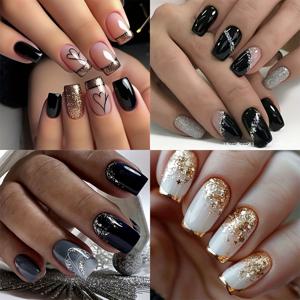 TEMU 다양한 색상의 96개 중간 크기 사각형 프레스온 네일 세트입니다. 블랙, 그레이, 그라데이션 패턴의 불규칙한 라인과 반짝이는 풀 커버리지가 특징인, 달콤하고 멋지며 엣지 있는 디자인의 트렌디한 블렌딩을 선보입니다.