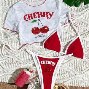 TEMU 여성용 패셔너블하고 섹시한 한정판 레터 프린트 수영복 3종 세트: 홀터넥 탑, 하이컷 팬티, 체리 프린트 - Beimu Nuan Targeted Plan