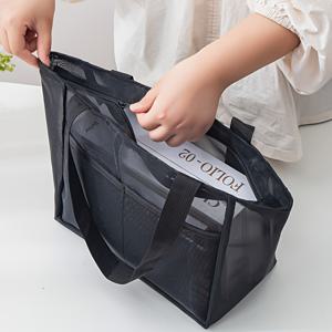 TEMU 메쉬 토트백, 대용량 통기성 나일론 쇼핑백, 야외 마켓용 손잡이 달린 경량 접이식 비치 토트백