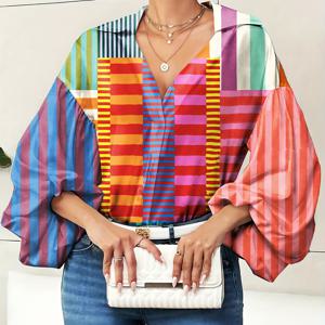 TEMU ランタンスリーブ 컬러풀 셔츠 | 여성 빈티지 기하학 프린트 블라우스, 하프 오픈 칼라, 긴소매, 플레어 밑단, 올 시즌, 시크한 주말 캐주얼