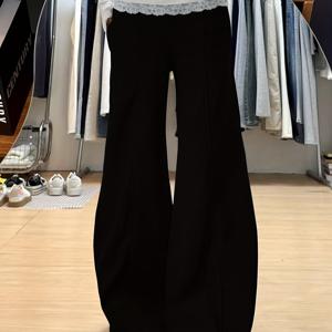 TEMU 레이스 패치워크 하이웨이스트 캐주얼 루즈핏 바지, 포켓 디자인, 편안하고 활용도 높은 여성용 릴렉스 약간 플레어 트라우저