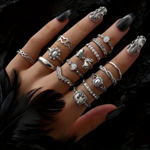 TEMU 빈티지 우아한 합금 모조 진주 및 보석 상감 보우 타이 링 15개 세트, 정교한 하트 링 선물 세트 (휴일용), 고딕 다크 링 선물 세트