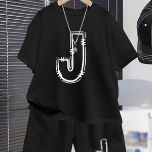 TEMU 청소년 남아용 J자형 캐주얼 여름 반팔 수트 패션 아웃도어 스포츠 티셔츠와 반바지 2피스 수트, 야외 활동에 적합