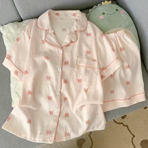 TEMU 여성용 여름 나비 프린트 반팔 잠옷 세트 | 귀여운 짧은 반바지, 버튼 플래킷, 야외 활동에 적합