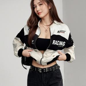 TEMU 트렌디한 컬러 블록 지퍼업 재킷, 여성용 레터 프린트 스몰 스탠드 칼라, 루즈하고 캐주얼한 가을룩에 완벽