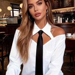 TEMU 여성용 커뮤터 오프숄더 컬러블록 타이 긴팔 셔츠