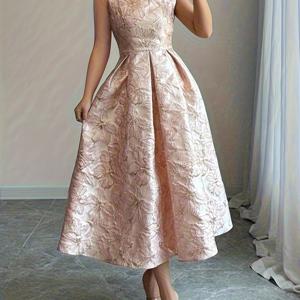 TEMU 여성용 우아한 라인 플로랄 자카드 드레스 - 민소매 라운드넥 미디 길이 이브닝 가운, 라인 실루엣, 세탁기 사용 가능한 웨딩 게스트 가운, 파티, 프롬, 세미포멀 이벤트용 - 논스트레치 원단 (S 사이즈 적합)